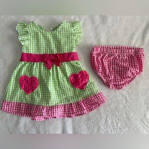 Real Love Green and Pink Gingham Baby Dress with Watermelon Heart Patches